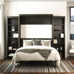 a large bed sitting next to a book shelf in a bedroom