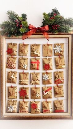 a wooden frame filled with lots of wrapped presents