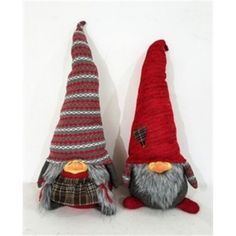 two stuffed gnomes wearing red hats and scarves, one is grey and the other is red