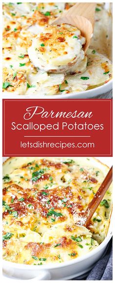 an egg casserole with parmesan and scalloped potatoes in a white dish