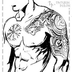 a drawing of a man with tattoos on his arm and chest, in black and white