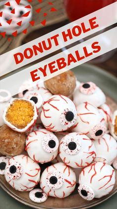 donut hole eyeballs on a plate with sprinkles and candy eyes