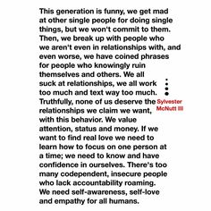 a poem written in red and black on white paper with the words'this generation is funny, we get mad at other people for doing single things, but we won't commit