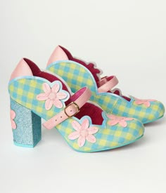 Pink Flower Heels, 1960s Clothing, 60s Outfits, Flower Heels, Irregular Choice Shoes, Boost Shoes, Funky Shoes, Green Gingham, Vintage Inspired Fashion