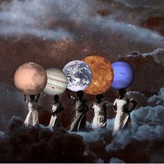 four people standing in the clouds holding up planets