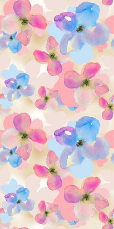 an abstract floral pattern with blue, pink and white flowers on a pale background in shades of pastel colors