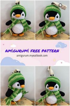 four pictures of an amigurm penguin wearing a green hat and scarf with the caption'amigurmi free pattern '