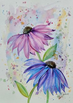 two purple flowers with green leaves are painted in watercolor and ink on white paper