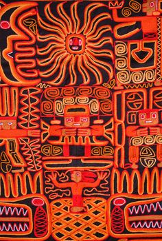 an orange and black painting with many designs on it