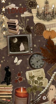 a collage of halloween items including candles, books, and other things on a table