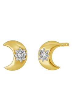 Mini crescent moons bring lunar shape to these handcrafted stud earrings detailed with star-like diamonds. Total diamond weight: 0.01ct. Color: G Clarity: VS 18k gold/diamond Imported >Diamond Guide Celestial Diamond Earrings With Diamond Accents, Celestial Diamond Earrings With Accents, Celestial Earrings With Diamond Accents For Anniversary, Celestial Yellow Gold Earrings With Diamond Accents, Gold Celestial Earrings With Diamond Accents, Celestial Gold Earrings With Diamond Accents, 14k Gold Crescent Earrings For Anniversary, Elegant Diamond Jewelry With Sun And Moon Design, Elegant Diamond Sun And Moon Jewelry