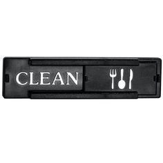 a black and white sign with the words clean written on it's side next to a fork and knife