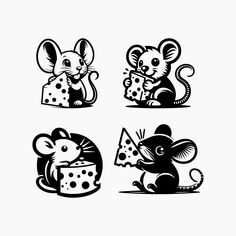 four black and white mouses with different designs on their backs, one holding a piece of cheese