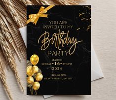 a black and gold birthday party card with balloons