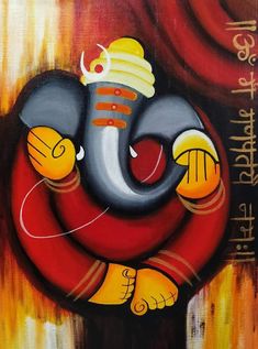 an elephant painted on the side of a wall with red and yellow paint, it's eyes are closed