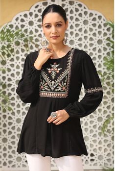 * Floral Embroidered Puff Sleeves Tunic Embroidered Short Kurti / Indian Tunic / Summer-Spring Evening Dress / Cotton Tunic Tops * Black and white embroidered tunic, has a round neck, long sleeves, embroidered detail. button closure *Fabric:-  Rayon *Wash Care:- MACHINE WASH AVAILABLE IN 6 SIZES THEY ARE IN FOLLOWING MEASUREMENTS IN INCHES:- XS:- Bust-34/Waist In-30/Length-30 S:- Bust-36/Waist In-32/Length-30 M:- Bust-38/Waist In-34/Length-30 L:- Bust-40/Waist In-36/Length-30 XL:- Bust-42/Waist Bohemian Kurta With Embroidered Sleeves For Festive Occasions, Bohemian Festive Kurta With Embroidered Sleeves, Festive Bohemian Kurta With Embroidered Sleeves, Festive Black Embroidered Top With Floral Details, Festive Black Embroidered Floral Top, Festive Black Floral Embroidered Top, Traditional Black Blouse With Floral Embroidery, Traditional Black Embroidered Top, Black Top With Intricate Embroidery