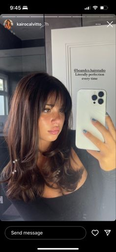 Under Shoulder Length Hair With Layers, Medium Dark Hair With Layers, Black Roots With Brown Hair, Medium Length With Face Framing Bangs, Layered Hair And Bangs, Brown Hair Cuts Long, 90s Haircut With Wispy Bangs, Swept Bangs Middle Part, 90s Bangs Haircut