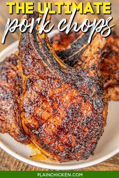 grilled pork chops on a white plate with text overlay