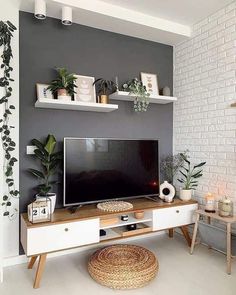 a living room with white brick walls and shelves filled with potted plants on either side of the tv