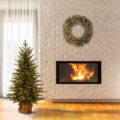 a christmas tree in front of a fire place