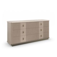 a beige dresser with four drawers and two doors