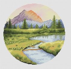 a cross stitch pattern with a river in the middle and mountains in the back ground