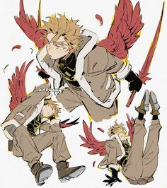 an anime character with red wings and two other characters