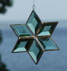 a glass star ornament hanging from a tree near the water's edge