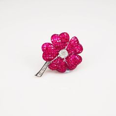 18K White gold invisible Ruby Flower Brooch Red Diamond Brooch, Diamond Flower Brooch As Gift, Diamond Flower Brooch For Gift, Red Diamond Brooch Jewelry, Diamond Flower Brooches For Gifts, Luxury Pink Brooch Jewelry, Ruby Flower, Tickled Pink, Green Sapphire