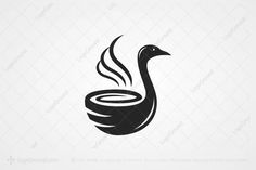 a black and white logo with a bird holding a bowl of soup in it's beak