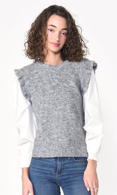 This cable-knit sweater vest with ruffles is made from recycled poly and a wool-blend features poplin sleeves and a ruffled neckline. Sweater vest Poplin sleeves Ruffled Cable-knit Length: 22 1/2" Chest: 17 1/2" Self: 74% Recycled Polyester, 15% Nylon, 6% Wool, 5% Spandex Contrast: 80% Polyester, 20% Cotton Hand wash with similar colors. Dry flat. Iron on low heat. Model is wearing a size small Style #: G227WT5777 Vest Sweater, Ruffled Neckline, Luxury Women Fashion, Versatile Dresses, Flat Iron, Seasonal Fashion, Sweater Vest, Cable Knit, Knit Sweater