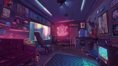 a living room filled with furniture and neon lights