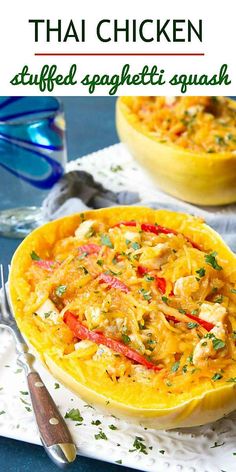 thai chicken stuffed spaghetti dish in a yellow bowl on a white plate with silverware