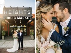 a bride and groom standing in front of a public market with their wedding bouquets