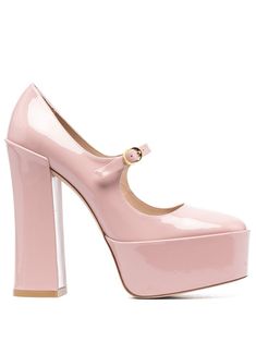 blush pink calf leather patent finish 150mm block heel round toe branded insole buckle-fastening ankle strap Prom 23, Heels Platform, Platform Block Heels, Pink Pumps, Pink Heels, Pump Shoes, Stuart Weitzman, Calf Leather, Blush Pink