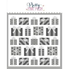 a quilt pattern with presents on it and the words pretty pink posh written in white