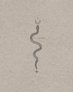 a drawing of a snake with a crescent on it's tail and the moon above it