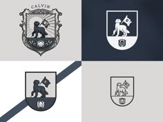 four different crests with the coat of arms and two lions on them, all in black and white