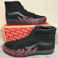 Vans Sk8-Hi Flame Suede Black/Red Men Size 9, Women Size 10.5 Brand New Never Worn. Box Has No Lid. Buy With Confidence! Almost Always Ships The Same Day Or Next. Black Sneakers With Red Sole For Skateboarding, Vans Skate Shoes With Red Sole For Streetwear, Black Urban Skate Shoes With Red Sole, Black Skate Shoes With Red Sole And Round Toe, Black Lace-up Skate Shoes With Red Sole, Vans Old Skool White, Black Casual Shoes, Vans Hi, Purple Sneakers