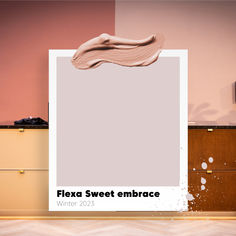 a poster with the words flexa sweet embrace written on it in front of a dresser