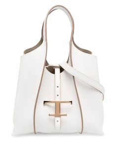 Timeless logo charm tote bag from TOD'S featuring calf leather, logo charm, press-stud fastening, two long top handles, main compartment and white. | Tod's Timeless logo charm tote bag