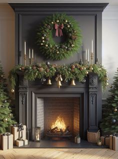 a fireplace decorated for christmas with wreaths and candles