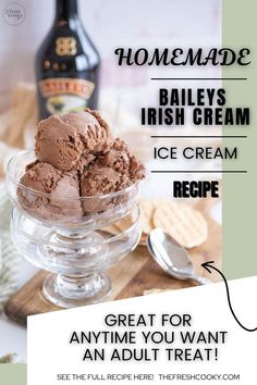 an ice cream recipe is shown in a bowl with the words homemade bailey's irish cream