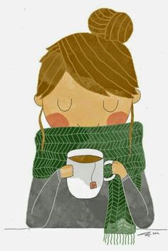 a drawing of a woman holding a cup of coffee and wearing a scarf with her eyes closed