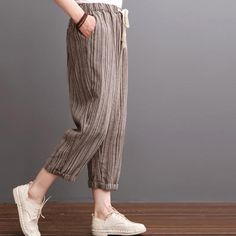 2016 Khaki striped linen pants summer crop pantsThis dress is made of cotton linen fabric, soft and breathy, suitable for summer, so loose dresses to make you comfortable all the time.Measurement: Size M length 77cm / 30.03"Hip104cm / 40.56" Waist 64cm / 24.96" Leg Cir 36cm / 14.04" Size L length 78cm / 30.42"Hip108cm / 42.12" Waist 66cm / 25.74" Leg Cir 38cm / 14.82"Materials used:linenPayment: We accept payment by paypal and credit card. if you would like to pay by credit card, please choose p Dresses To Make, Striped Linen Pants, Loose Dresses, Pants Summer, Cotton Linen Fabric, Crop Pants, Loose Dress, Striped Linen, Linen Pants