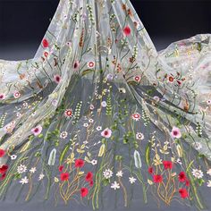 "This one fabric with embroidered floral is popular with people. It is best choice for making dress. Tulle is available in off white or black. You can select when place order. Wide is about 130cm（51\") It is sold by 1 yard long. 1 yard is about 91cm long. It will cut as one piece if order more than 1 quantity. It can be used for making dress, bridal veil, curtain, table runner, costume design, photography backdrop, home decor and any kind of sewing craft." Embroidered Apparel, Couture Evening Dress, Vintage Floral Fabric, Embroidered Lace Fabric, Garment Fabric, Party Kleidung, Wedding Dress Fabrics, Black Tulle, Wedding Fabric