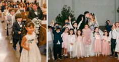 two pictures side by side with children and adults in formal wear