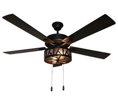 a ceiling fan with lights hanging from it's blades and two dark wood blades