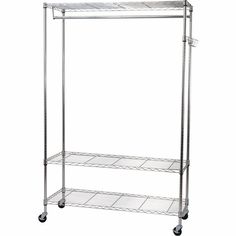 a metal rack with two shelves on wheels