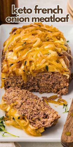 the meatloaf is covered with cheese and onions